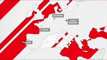 Red and white European map graphic highlighting locations in Portugal, France, Germany and the Czech Republic